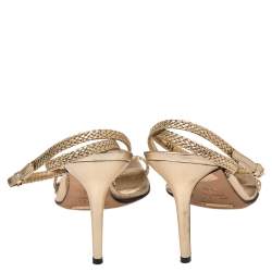 Pre Owned Dolce & Gabbana Gold Braided Leather Embellished T-Strap Sandals Size 38.5