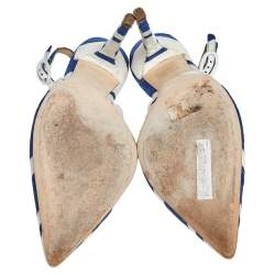 Pre Owned Dolce & Gabbana Blue/ White Stripe Brocade Fabric Pointed Toe Slingback Sandals Size 38.5