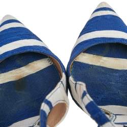 Pre Owned Dolce & Gabbana Blue/ White Stripe Brocade Fabric Pointed Toe Slingback Sandals Size 38.5