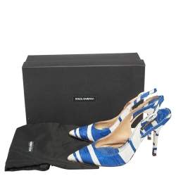 Pre Owned Dolce & Gabbana Blue/ White Stripe Brocade Fabric Pointed Toe Slingback Sandals Size 38.5