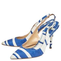 Pre Owned Dolce & Gabbana Blue/ White Stripe Brocade Fabric Pointed Toe Slingback Sandals Size 38.5