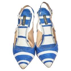 Pre Owned Dolce & Gabbana Blue/ White Stripe Brocade Fabric Pointed Toe Slingback Sandals Size 38.5
