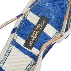 Pre Owned Dolce & Gabbana Blue/ White Stripe Brocade Fabric Pointed Toe Slingback Sandals Size 38.5