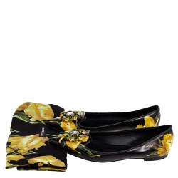 Pre Owned Dolce & Gabbana Black Floral Printed Leather Crystal Embellished Pointed Toe Ballet Flat Size 37