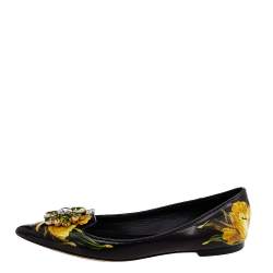 Pre Owned Dolce & Gabbana Black Floral Printed Leather Crystal Embellished Pointed Toe Ballet Flat Size 37