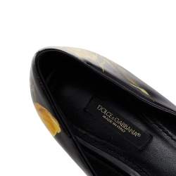 Pre Owned Dolce & Gabbana Black Floral Printed Leather Crystal Embellished Pointed Toe Ballet Flat Size 37