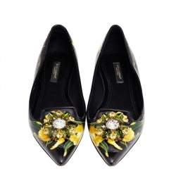 Pre Owned Dolce & Gabbana Black Floral Printed Leather Crystal Embellished Pointed Toe Ballet Flat Size 37