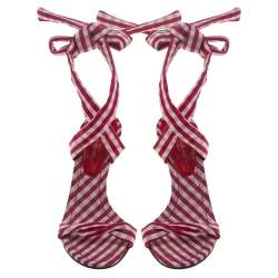 Pre Owned Dolce & Gabbana Red/White Check Fabric Sling Back Sandals Size 40