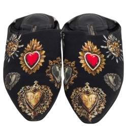 Pre Owned Dolce & Gabbana Black Heart Printed Canvas Flat Mules Size 38