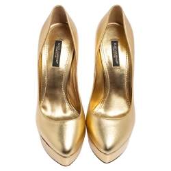 Pre Owned Dolce & Gabbana Gold Leather Platform Pumps Size 37.5