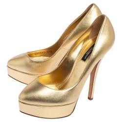 Pre Owned Dolce & Gabbana Gold Leather Platform Pumps Size 37.5