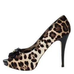 Dolce & Gabbana Beige Leopard Print Pony Hair Bow Peep Toe Pumps Size 40