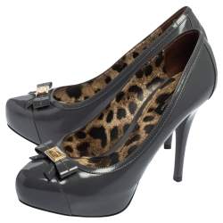 Pre Owned Dolce & Gabbana Grey Patent Leather Bow Platform  Pumps Size 39