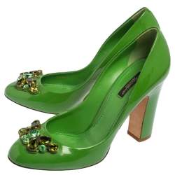 Pre Owned Dolce & Gabbana Green Patent Leather Crystal Embellished Pumps Size 39.5