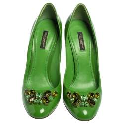 Pre Owned Dolce & Gabbana Green Patent Leather Crystal Embellished Pumps Size 39.5