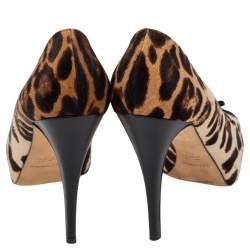 Pre Owned Dolce & Gabbana Beige Leopard Print Pony Hair Bow Peep Toe Pumps Size 38
