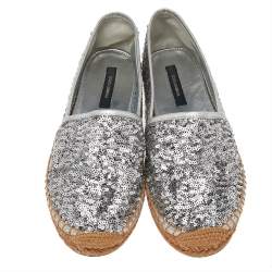 Pre Owned Dolce & Gabbana Grey Sequin Leather Espadrille Flats Size 38