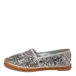 Pre Owned Dolce & Gabbana Grey Sequin Leather Espadrille Flats Size 38