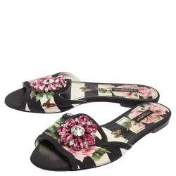 Pre Owned Dolce & Gabbana Black/Pink Floral Print Fabric Sofia Crystal Embellished Flat Slide Sandals Size 37.5