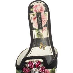 Pre Owned Dolce & Gabbana Black/Pink Floral Print Fabric Sofia Crystal Embellished Flat Slide Sandals Size 37.5