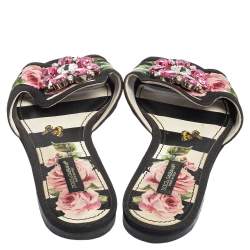 Pre Owned Dolce & Gabbana Black/Pink Floral Print Fabric Sofia Crystal Embellished Flat Slide Sandals Size 37.5
