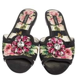 Pre Owned Dolce & Gabbana Black/Pink Floral Print Fabric Sofia Crystal Embellished Flat Slide Sandals Size 37.5