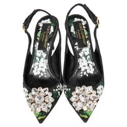 Pre Owned Dolce & Gabbana Black Floral Print Brocade Crystals Exclusive Slingback Sandals Size 35