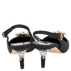 Pre Owned Dolce & Gabbana Black Floral Print Brocade Crystals Exclusive Slingback Sandals Size 35