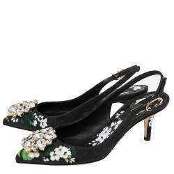 Pre Owned Dolce & Gabbana Black Floral Print Brocade Crystals Exclusive Slingback Sandals Size 35