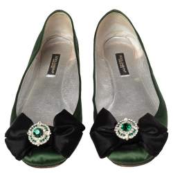 Pre Owned Dolce & Gabbana Green/Black Satin Bow Crystals Ballet Flats Size 37