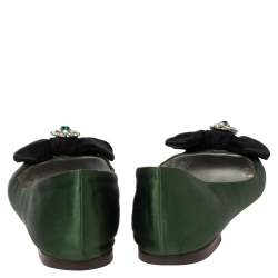Pre Owned Dolce & Gabbana Green/Black Satin Bow Crystals Ballet Flats Size 37