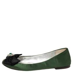 Pre Owned Dolce & Gabbana Green/Black Satin Bow Crystals Ballet Flats Size 37