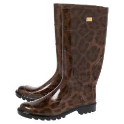 مملوكة مسبقًا حذاء بوت مطر منتصف ساق دولتشي أند غابانا مطاط مطبوع نقشة الفهد بني مقاس 40