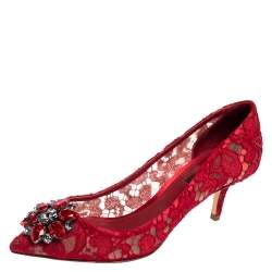 Pre Owned Dolce & Gabbana Red Lace Bellucci Crystal Embellished Pointed Toe Pumps Size 37.5