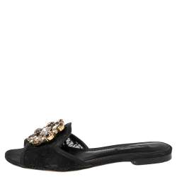 Pre Owned Dolce & Gabbana Black Lace Sofia Crystal Embellished Flats Size 35
