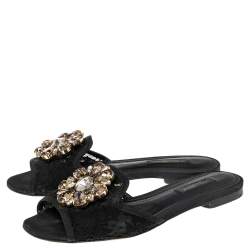 Pre Owned Dolce & Gabbana Black Lace Sofia Crystal Embellished Flats Size 35