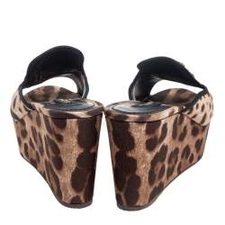 Dolce & Gabbana Brown/Beige Leopard Print Fabric Crystal Embellished Wedge Platform Slide Sandals Size 39