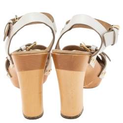 Dolce & Gabbana White Leather Buckle Detail Ankle Strap Wooden Platform Sandals Size 37