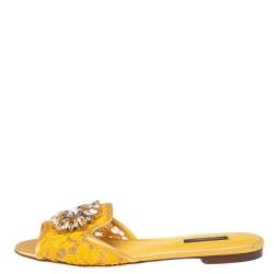 Pre Owned Dolce & Gabbana Yellow Lace Crystal Embellished Bianca Flats Size 37.5