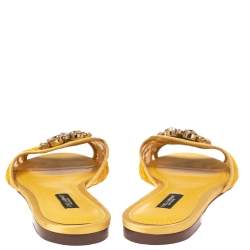 Pre Owned Dolce & Gabbana Yellow Lace Crystal Embellished Bianca Flats Size 37.5