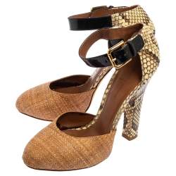 Pre Owned Dolce & Gabbana Brown/Beige Raffia and Python Ankle Strap Sandals Size 39