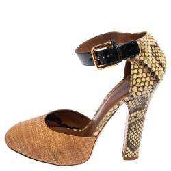 Pre Owned Dolce & Gabbana Brown/Beige Raffia and Python Ankle Strap Sandals Size 39