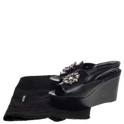 Pre Owned Dolce & Gabbana Black Lizard Embossed Leather Crystal Embellished Wedge Sandals Size 38