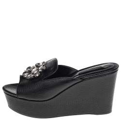 Pre Owned Dolce & Gabbana Black Lizard Embossed Leather Crystal Embellished Wedge Sandals Size 38