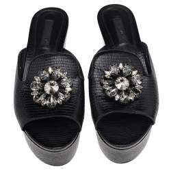Pre Owned Dolce & Gabbana Black Lizard Embossed Leather Crystal Embellished Wedge Sandals Size 38