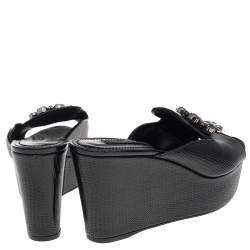 Pre Owned Dolce & Gabbana Black Lizard Embossed Leather Crystal Embellished Wedge Sandals Size 38