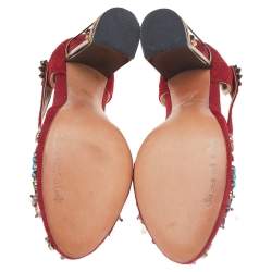 مملوكة مسبقًا Dolce & Gabbana Red Embellished Jacquard Bird Cage Mary Jane Pumps Size 38