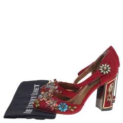 مملوكة مسبقًا Dolce & Gabbana Red Embellished Jacquard Bird Cage Mary Jane Pumps Size 38