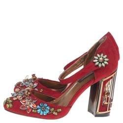 مملوكة مسبقًا Dolce & Gabbana Red Embellished Jacquard Bird Cage Mary Jane Pumps Size 38