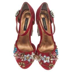 مملوكة مسبقًا Dolce & Gabbana Red Embellished Jacquard Bird Cage Mary Jane Pumps Size 38